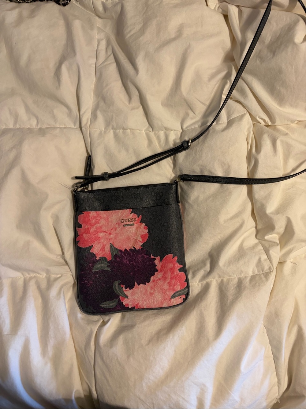 GUESS Black Crossbody Bag with Pink & Purple Floral Print